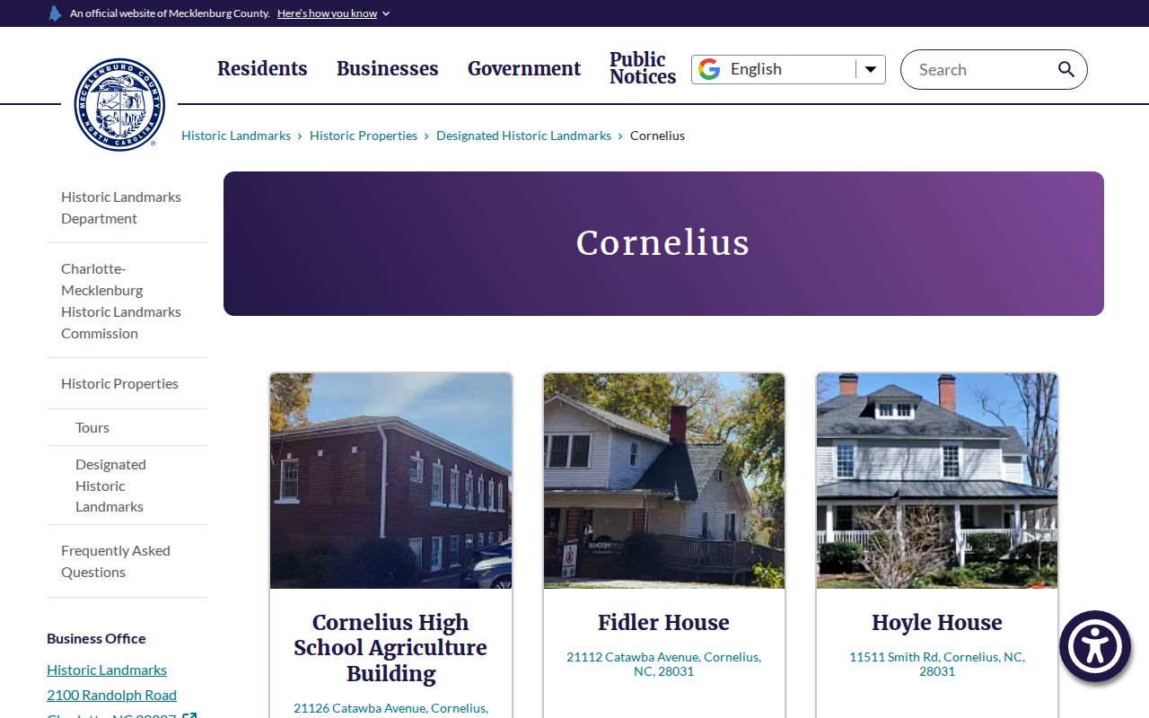 Cornelius neighbors historic-landmark records for block context