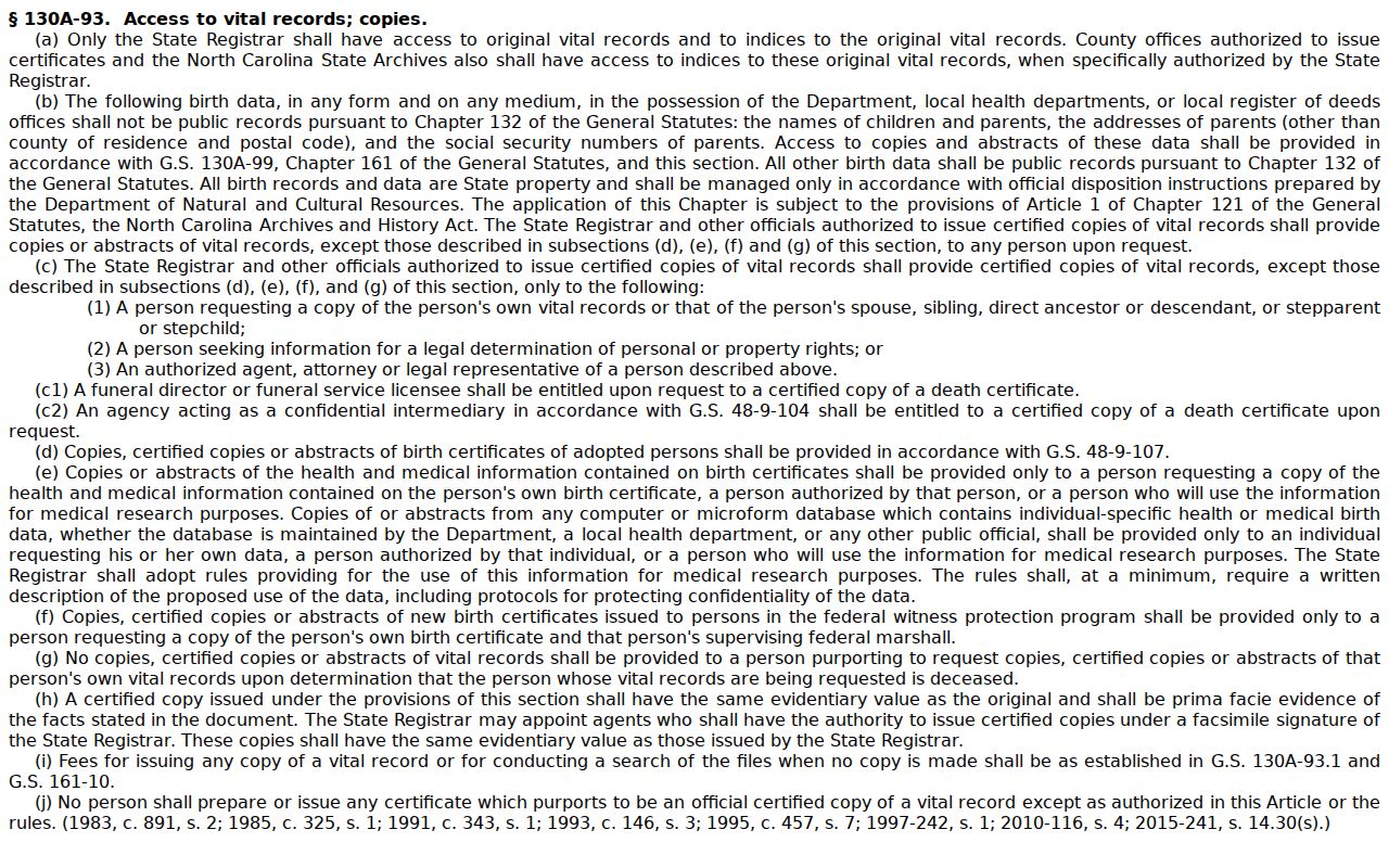 Cornelius resident lookup North Carolina vital-record access statute